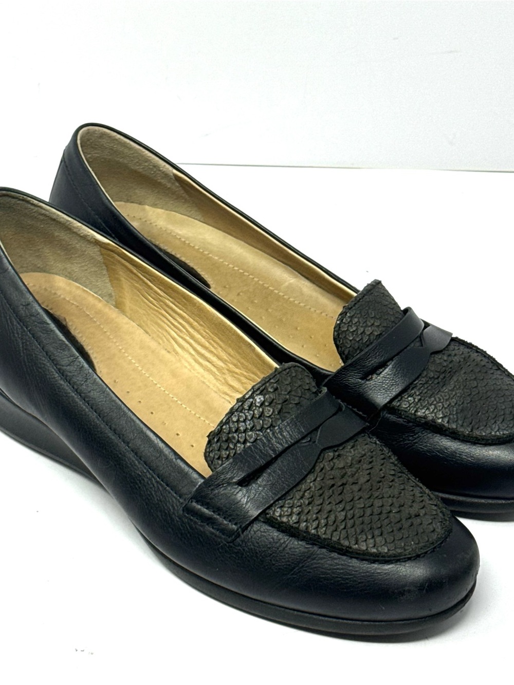 Ecco Felicia Black Leather Penny Loafer Wedge Shoes Snakeskin Top Sz 41 US 11